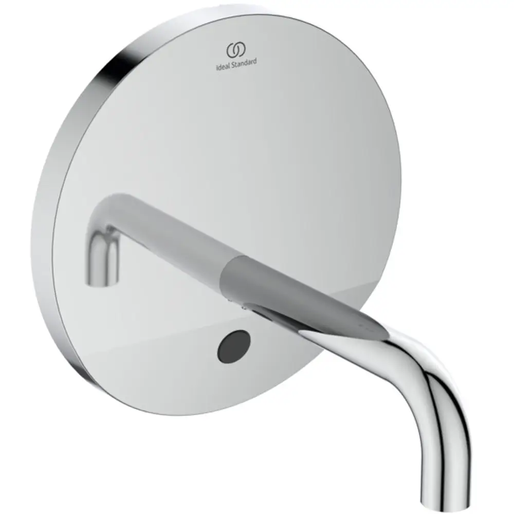 Sensor-Wand-Wassermischarmatur von Ideal Standard mit runder Oberfläche und einem langen Auslauf. Die Montage erfolgt an der Wand.